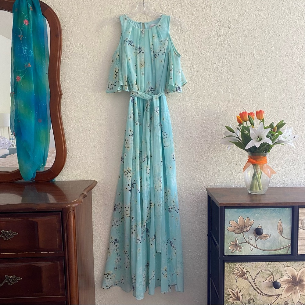 Calvin Klein 6 Maxi Dress Aqua Blue Asian Floral Cold Shoulder Chiffon Flowy